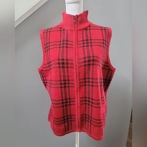 VTG Christopher & Banks Red Sweater Vest Holiday Plaid Tartan Full Zip Size L